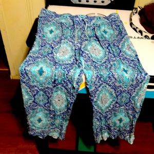 Blue and turquoise palazzo pants.